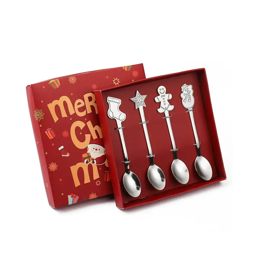 Set of four silver stainless steel christmas coffee spoons with festive stocking star gingerbread man and snowman handles