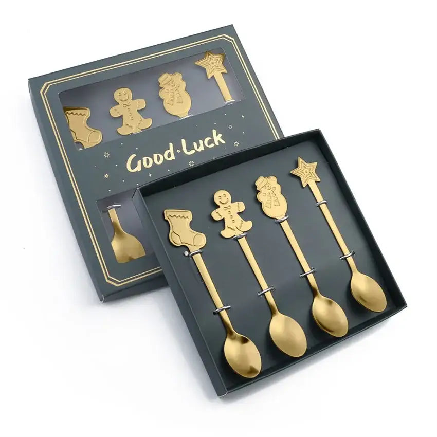 Decorbites™ christmas coffee spoons gift box featuring golden stainless steel spoons with festive gingerbread men and snowmen designs