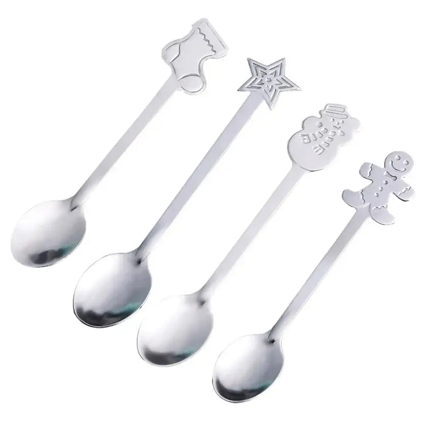Set of four shiny silver stainless steel christmas coffee spoons with festive stocking star snowman and gingerbread handles
