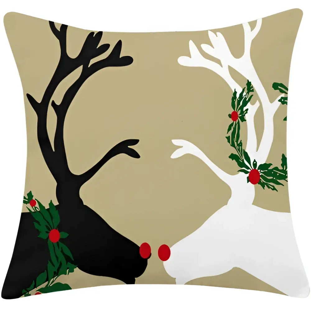 Beige decorbites christmas cotton linen pillowcase featuring festive reindeer with holly and red berries design