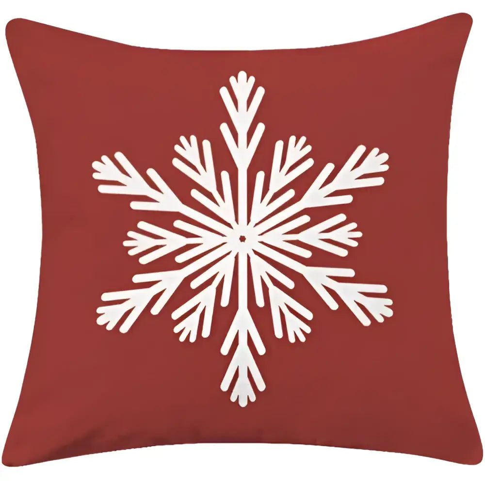 Red throw pillow with white embroidered snowflake design in DecorBites christmas cotton linen decorative sofa cushion cover