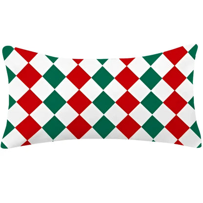 A long rectangular decorbites christmas cotton cotton linen pillowcase with red green diamond pattern on white background