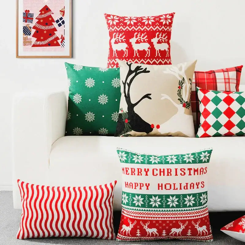 Red and green decorbites christmas cotton linen pillowcases with snowflake reindeer patterns and merry christmas text