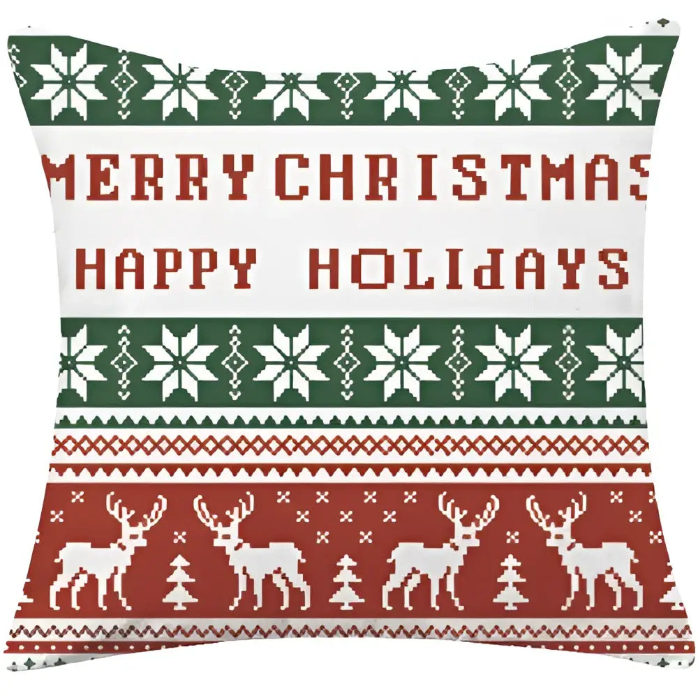 Festive red green white decorbites christmas cotton linen pillowcase with knit reindeer snowflakes text design