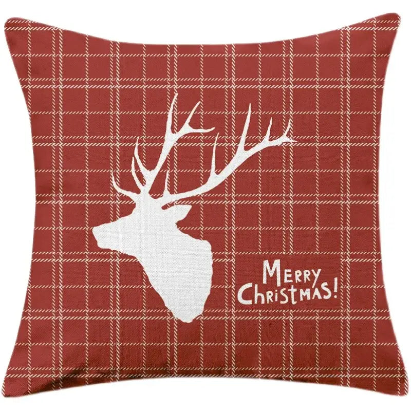 Red plaid decorbites christmas cotton linen pillowcase with white deer silhouette and merry christmas text for sofa cushion cover