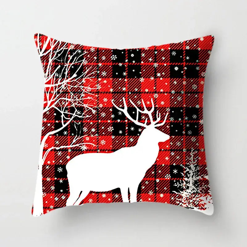 Decorbites christmas cushion cover 45x45cm red and black plaid with white deer silhouette for sofa and holiday decor