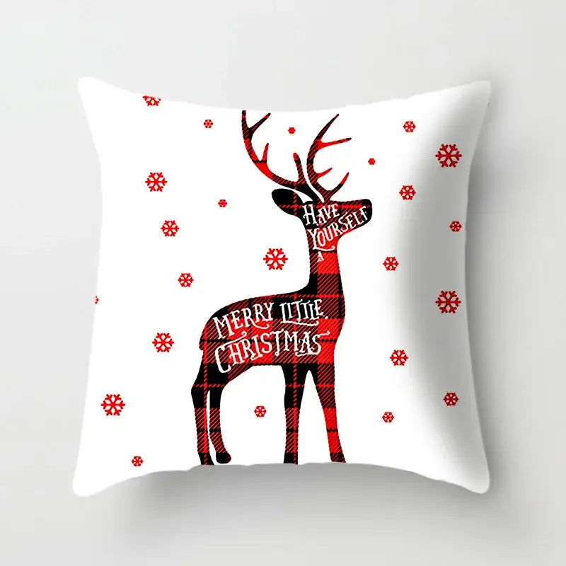White decorbites christmas cushion cover with red and black plaid reindeer and merry little christmas text for sofa