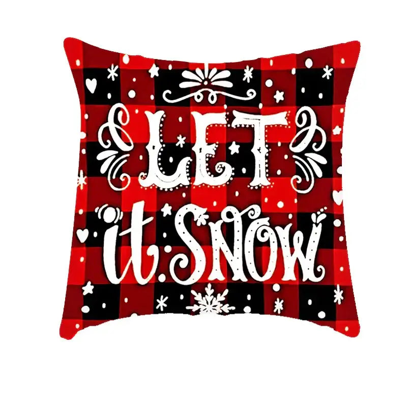 Red and black plaid decorbites christmas cushion cover with let it snow text and festive designs for sofa use