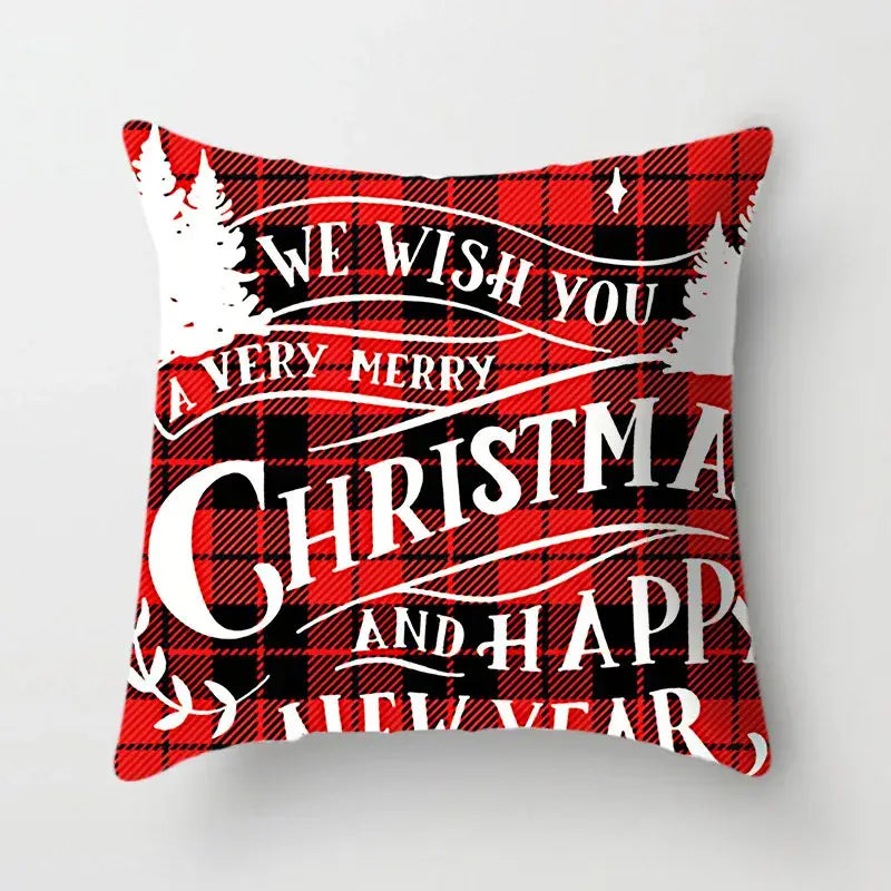 Red and black plaid decorbites christmas cushion cover 45x45cm with white text and pine tree design for sofa decor