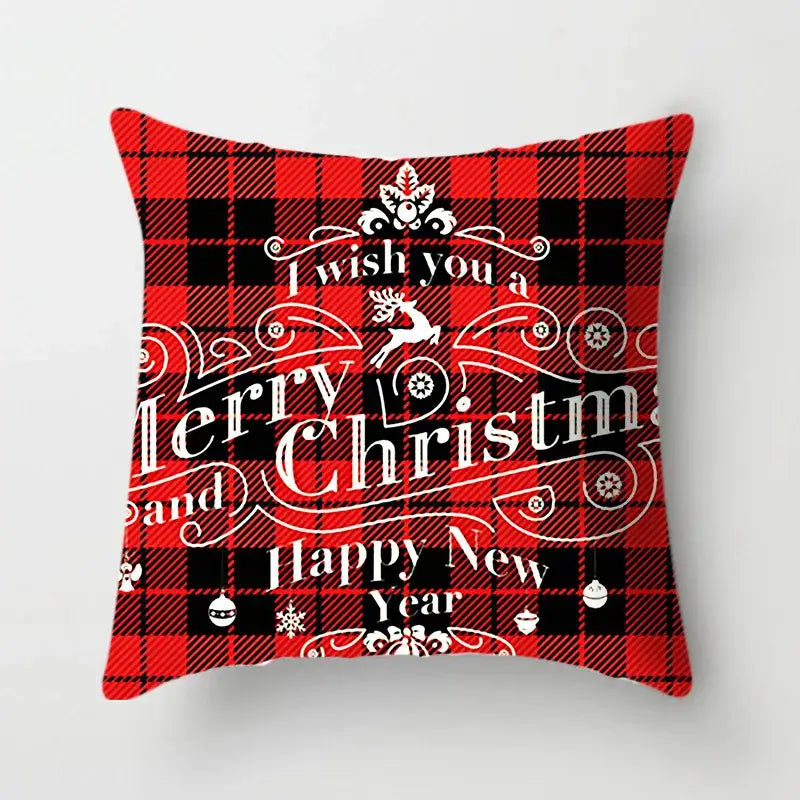 Red and black plaid decorbites christmas cushion cover with white festive text and motifs for sofa 45x45cm christmas cushion cover
