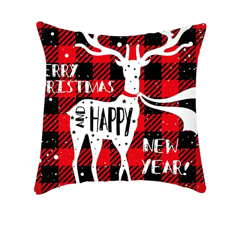 Decorbites christmas cushion cover 45x45cm red and black plaid with white reindeer and merry christmas text