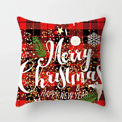 Decorbites christmas cushion cover in red and black plaid with merry christmas design and gold glitter accents for sofa