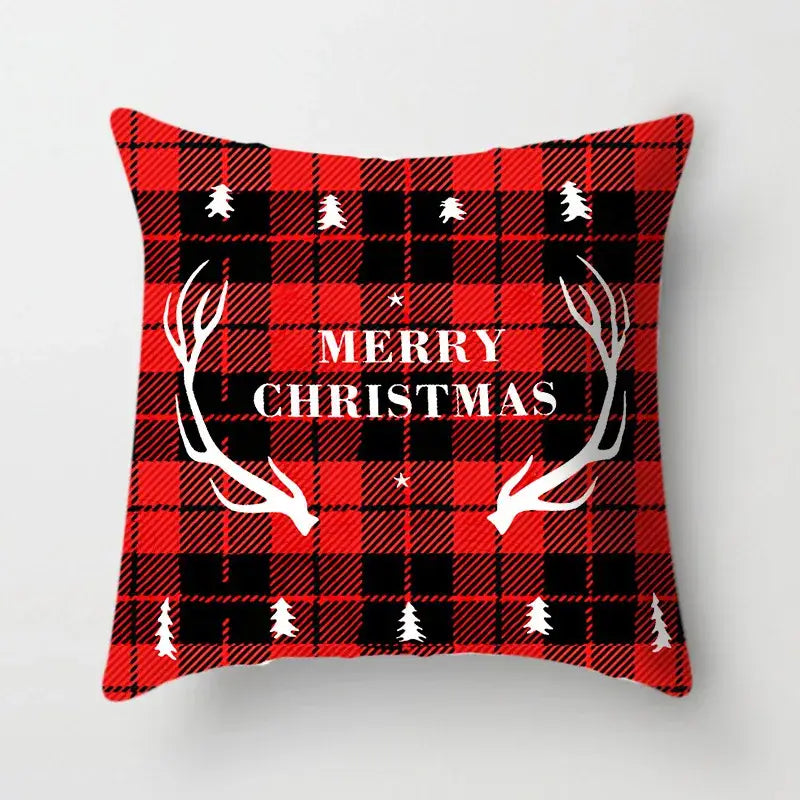 Red and black plaid decorbites christmas cushion cover 45x45cm with white reindeer antlers and tree motifs for sofa