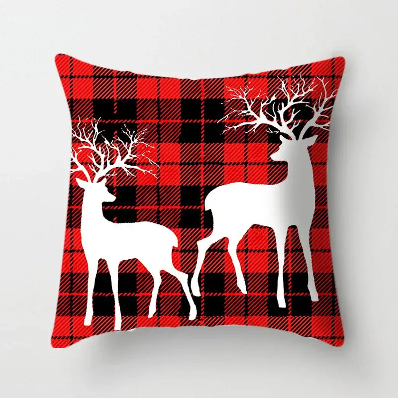 Red and black plaid decorbites christmas cushion cover with white deer silhouettes for sofa 45x45cm christmas cushion cover