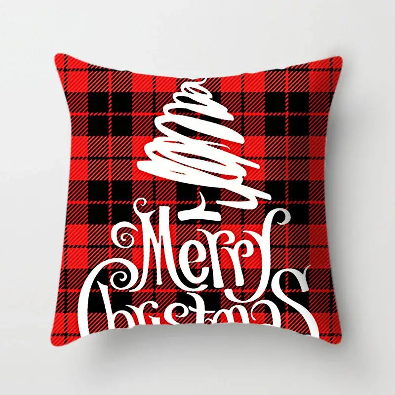 Red and black plaid decorbites christmas cushion cover with white christmas tree and merry christmas script 45x45cm