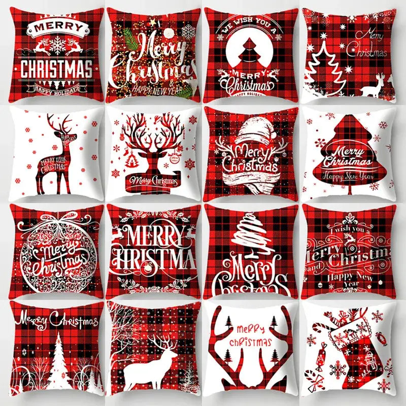 Red and black plaid decorbites christmas cushion cover 45x45cm with merry christmas happy new year script and festive accents