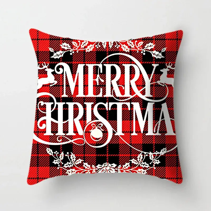 Red and black plaid decorbites christmas cushion cover with white merry christmas lettering and holly design for sofa