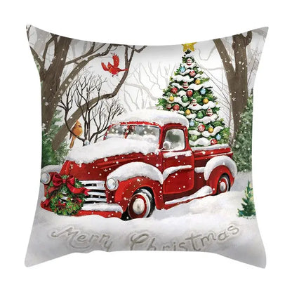 Decorbites christmas cushion cover set featuring a red vintage pickup truck with wreath and snow for festive decor
