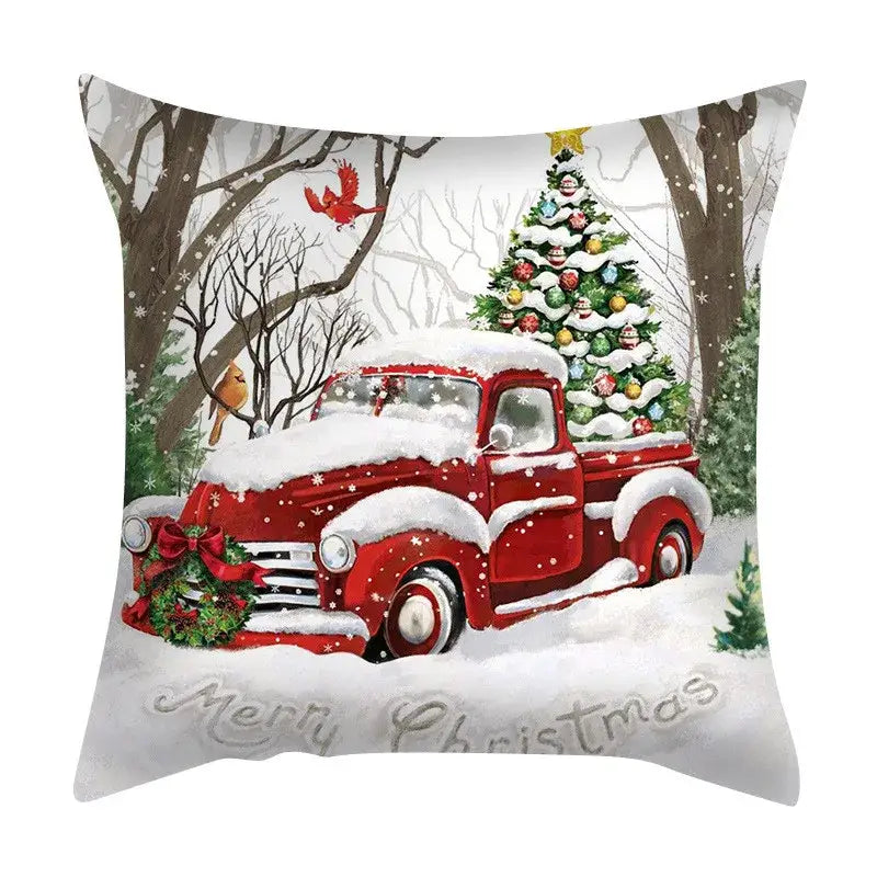 Decorbites christmas cushion cover set featuring a red vintage pickup truck with wreath and snow for festive decor