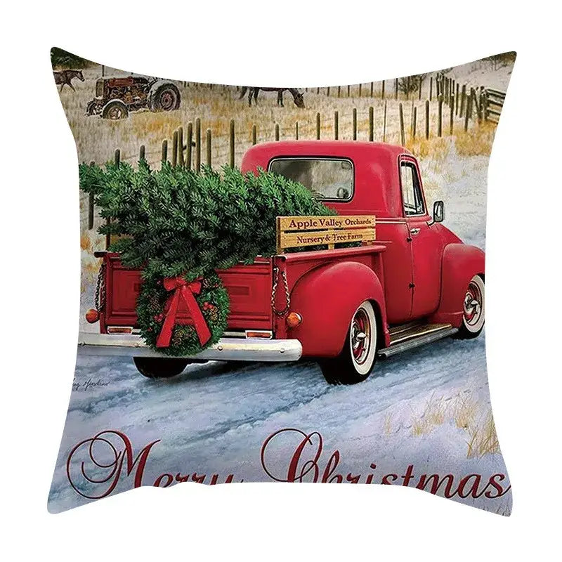 Decorbites christmas cushion cover set featuring red vintage pickup truck with christmas tree and wreath design