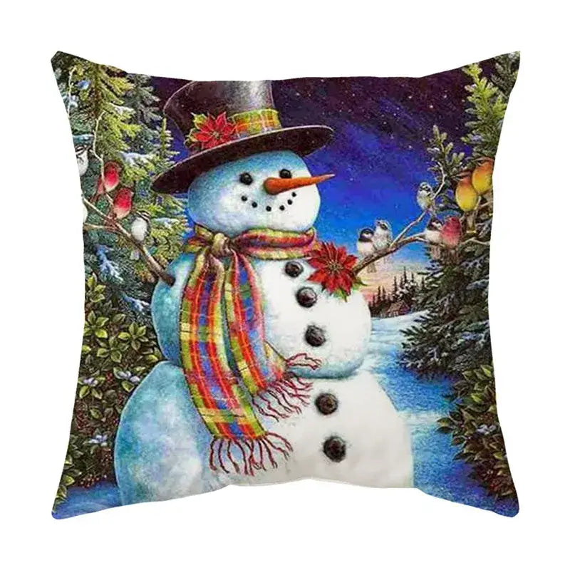 Cozy decorbites christmas cushion cover set featuring a vibrant winter snowman scene for festive living room decor