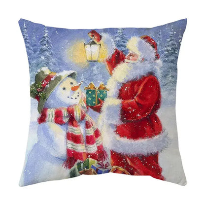 Decorbites christmas cushion featuring santa and snowman festive scene on square christmas cushion cover set