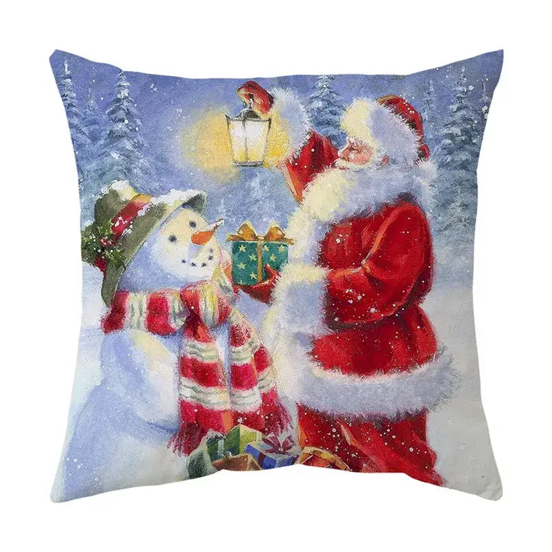 Decorbites christmas cushion featuring santa and snowman festive scene on square christmas cushion cover set