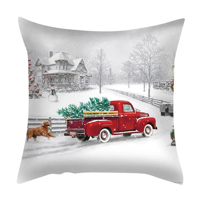 Decorbites christmas cushion cover set featuring a red vintage pickup truck carrying a christmas tree in snow