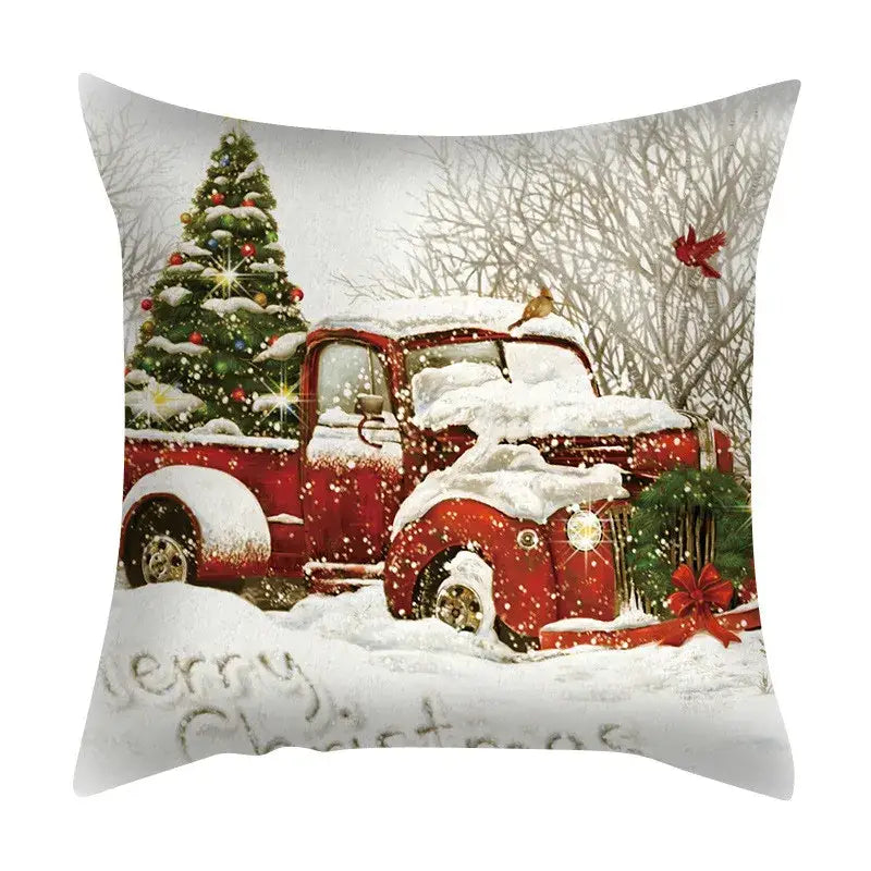Decorbites christmas cushion cover set featuring a red vintage truck pillow with snow cardinal bird and christmas tree design