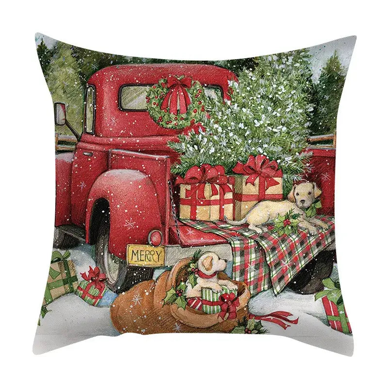 Red vintage truck with wreath and plaid blanket on a decorbites christmas cushion cover set for festive living room decor
