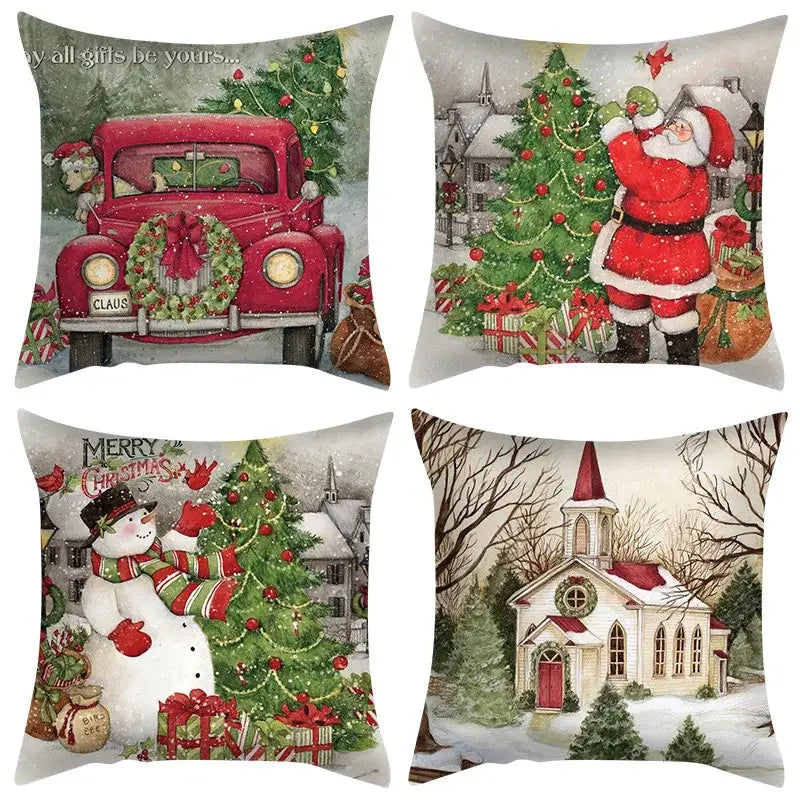 Set of four decorbites christmas cushion covers featuring vintage truck santa snowman and snowy church scenes