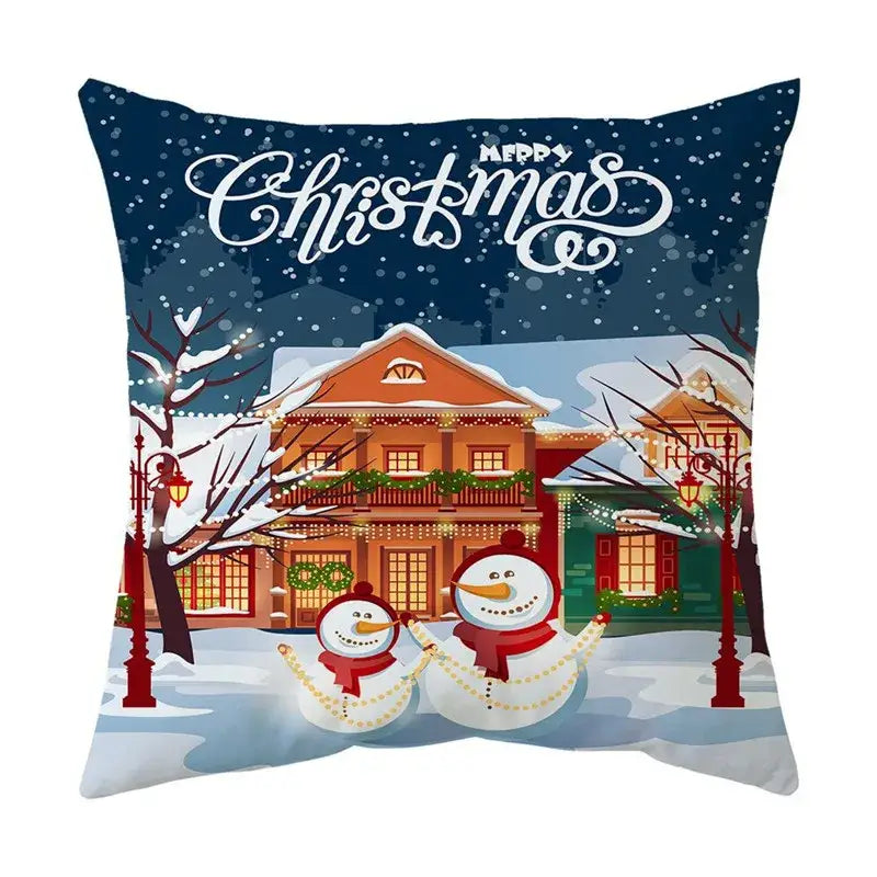 DecorBites christmas cushion navy blue throw pillow with cozy winter village scene and merry christmas script