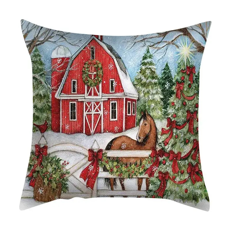 Decorbites christmas cushion with red barn design featuring festive winter scene for living room sofa decor