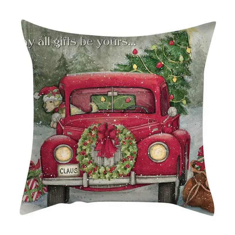 Decorbites christmas cushion cover set featuring a red vintage truck pillow with festive wreath and lights for sofa
