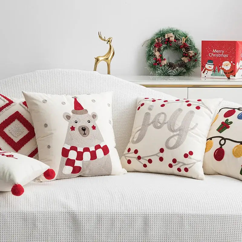White decorbites christmas day embroidered pillowcase with polar bear, joy text, and festive lights for sofa decor
