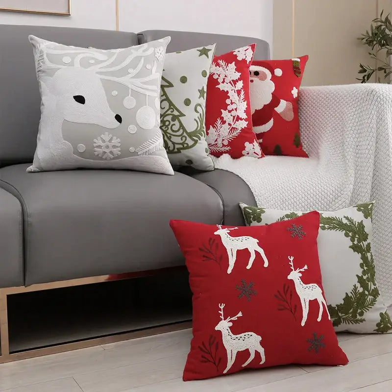 Decorbites christmas décor red cushion cover with white and gray deer embroidery 45x45cm for festive decor