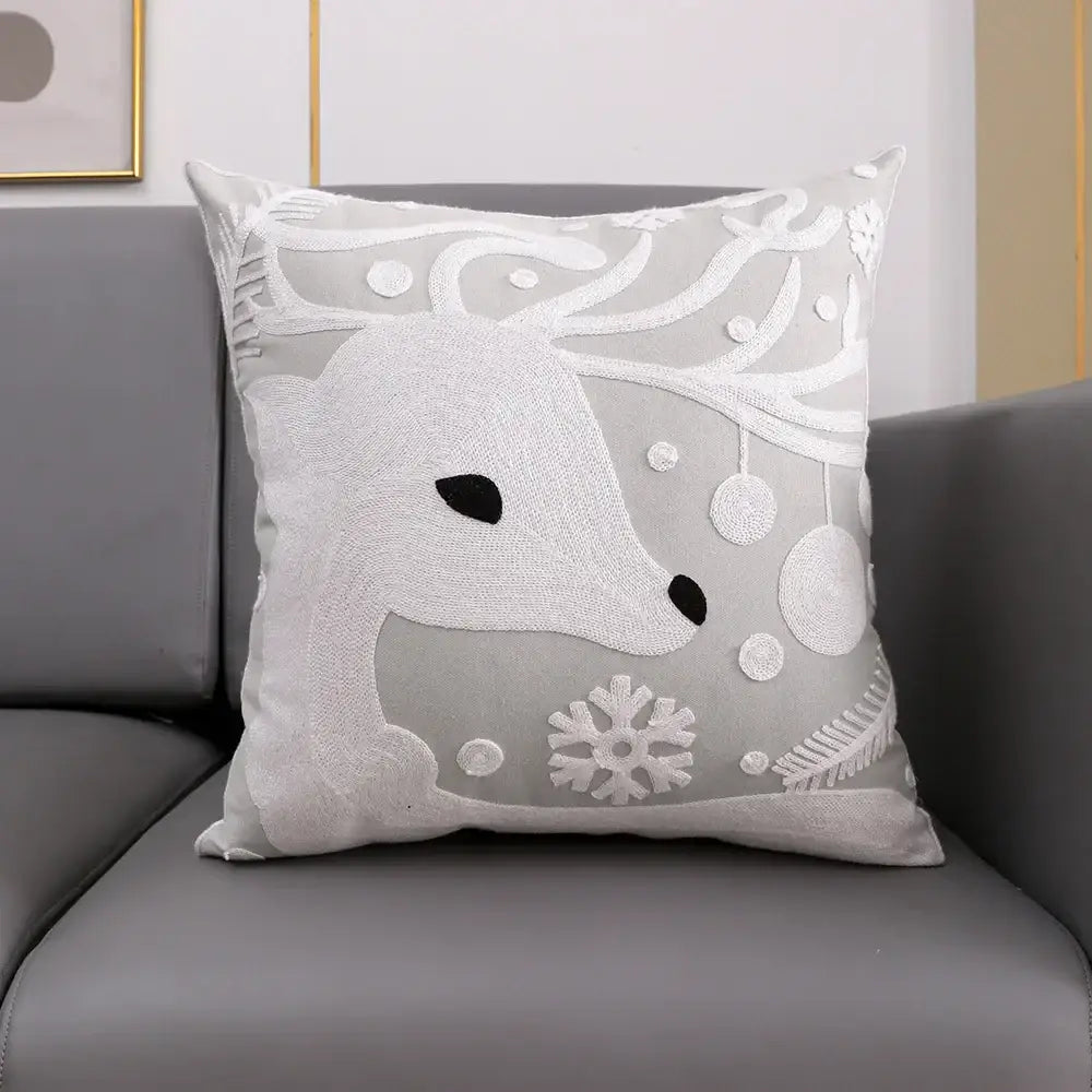 Soft gray decorbites christmas cushion cover with white embroidered reindeer snowflakes green red accents 45x45cm