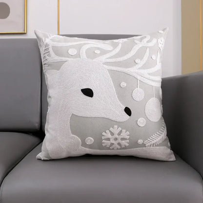 Soft gray cushion cover with white embroidered reindeer snowflakes and ornaments decorbites christmas décor 45x45cm