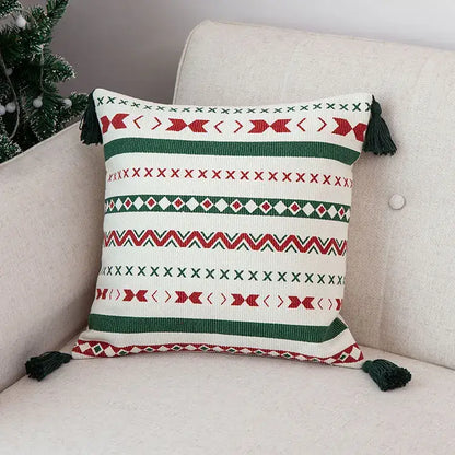 Decorbites christmas decoration red green and white cushion cover with festive pattern and handmade tassels 45x45cm