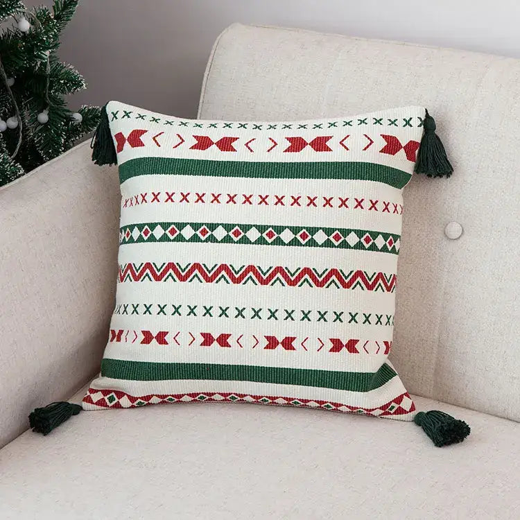 Decorbites christmas decoration red green and white cushion cover with festive pattern and handmade tassels 45x45cm