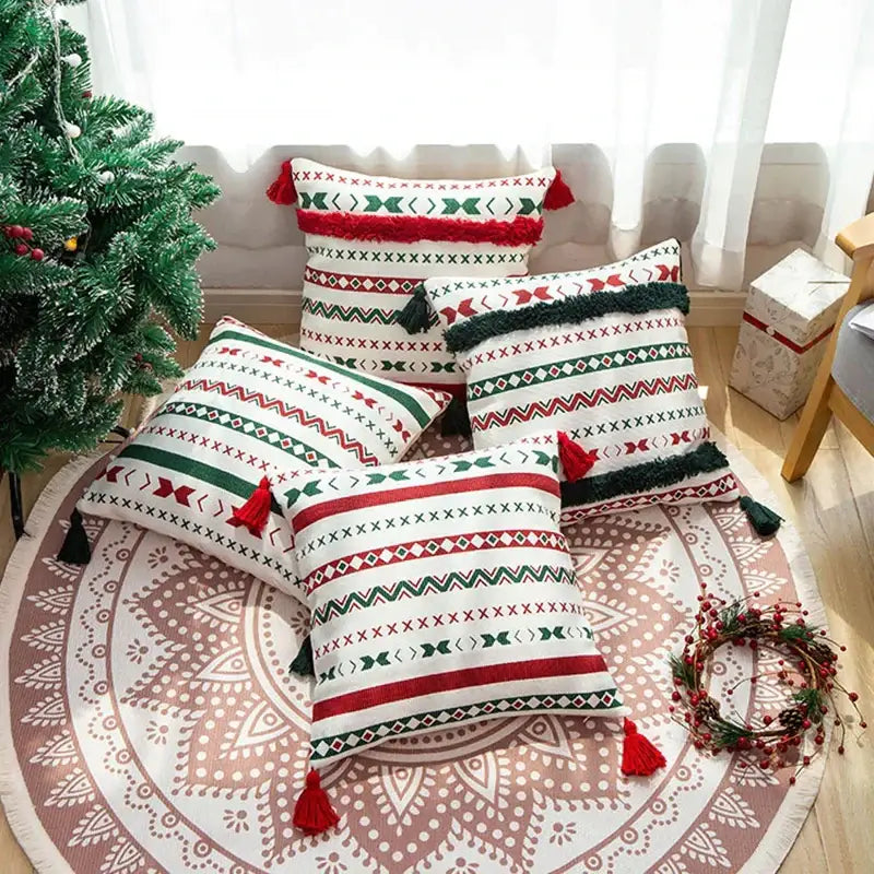 Decorbites christmas decoration cushion covers 45x45cm with red green white patterns and handmade tassels