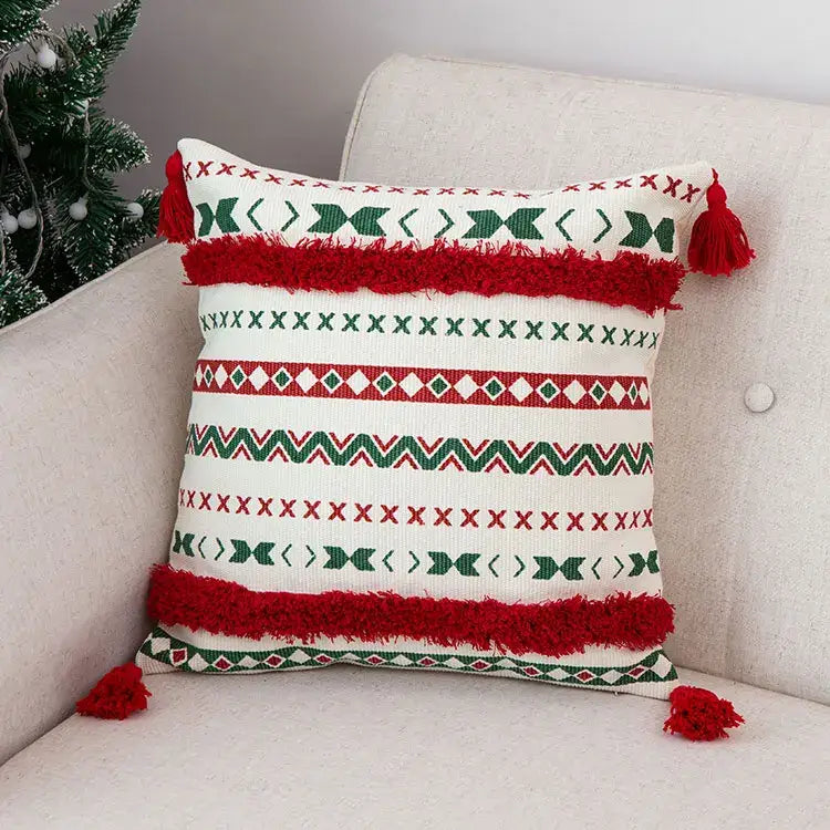 White throw cushion cover with red and green geometric patterns and handmade tassels by decorbites christmas decoration