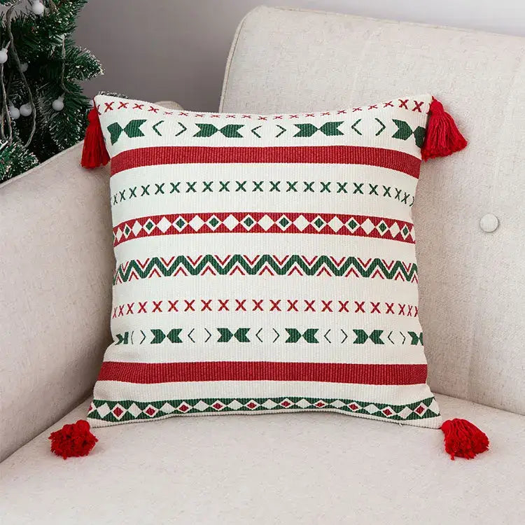 Festive red green and white woven cushion cover with handmade tassels decorbites christmas decoration cushion