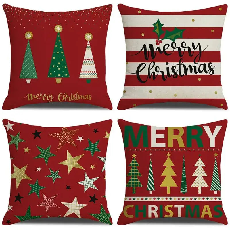 Set of four festive red decorbites christmas deer linen cushion covers with unique holiday tree and merry christmas designs