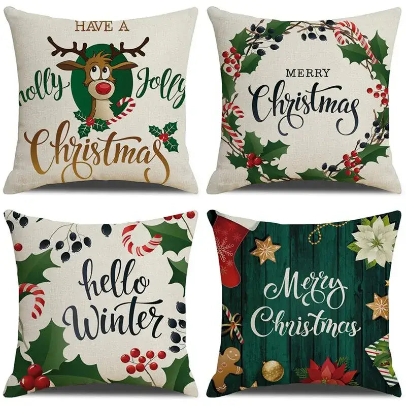 Set of four decorbites christmas deer linen cushion covers with festive reindeer holly and candy cane designs on cream and green backgrounds