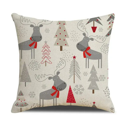 Beige decorbites christmas deer linen cushion cover with festive gray reindeer red scarves and stylized christmas trees
