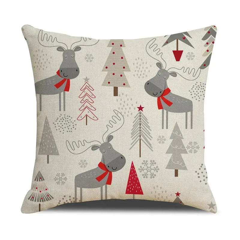 Beige decorbites christmas deer linen cushion cover with festive gray reindeer red scarves and stylized christmas trees