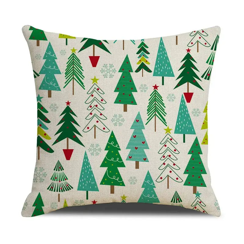 DecorBites Christmas deer square cushion cover with festive green trees red ornaments yellow stars on off-white linen