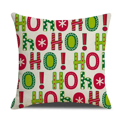 Decorbites christmas deer cushion cover with festive ho ho ho pattern in red green white on beige christmas deer linen
