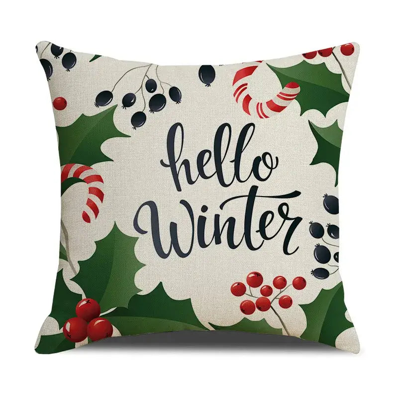 Beige decorbites christmas deer linen cushion cover with festive hello winter design featuring holly leaves and candy canes
